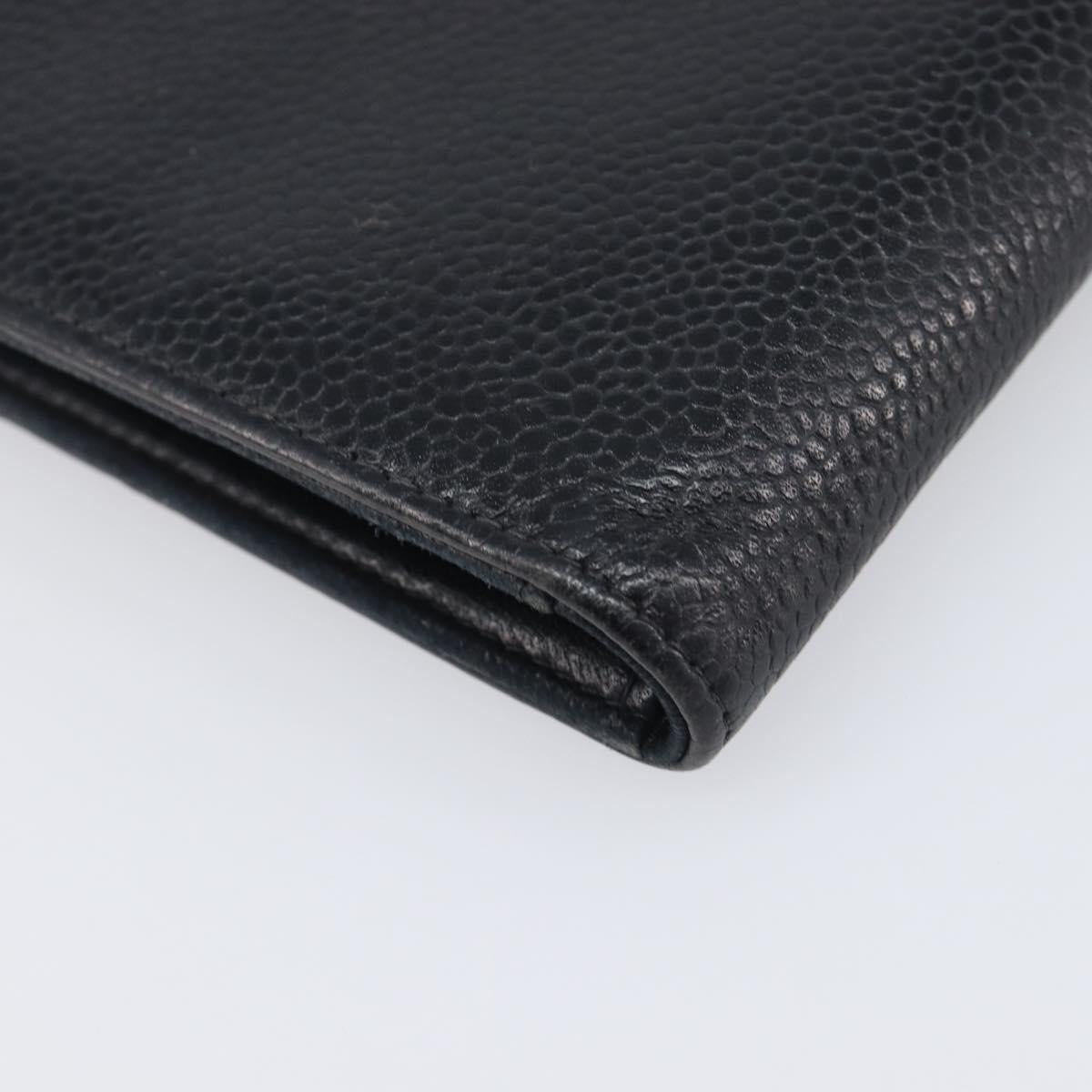 CHANEL Long Wallet Caviar Skin Black Gold CC Auth 206812