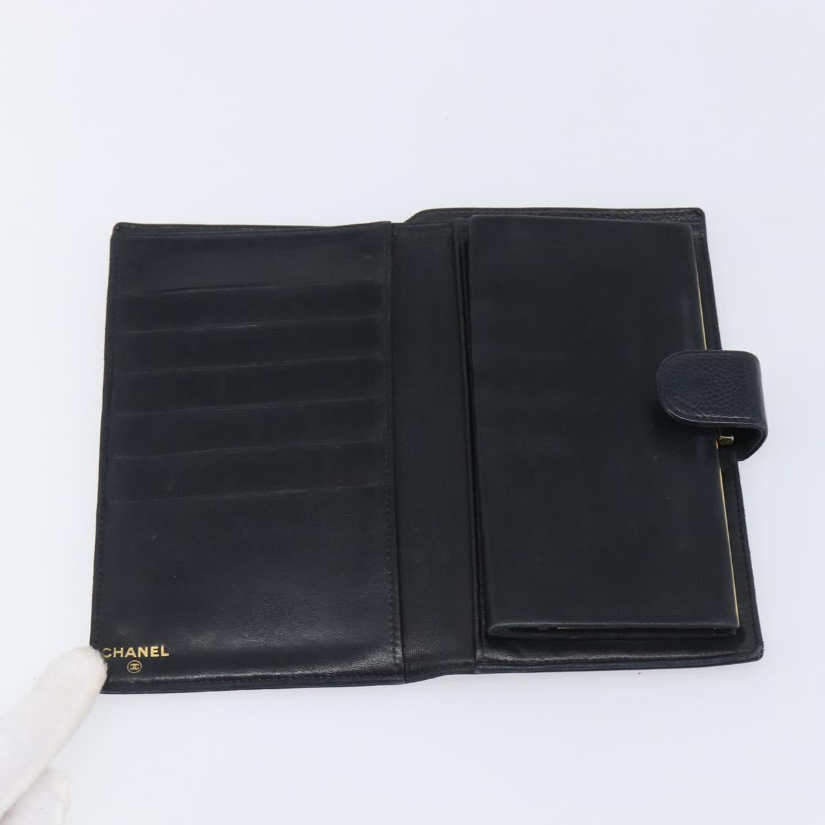CHANEL Long Wallet Caviar Skin Black Gold CC Auth 206812