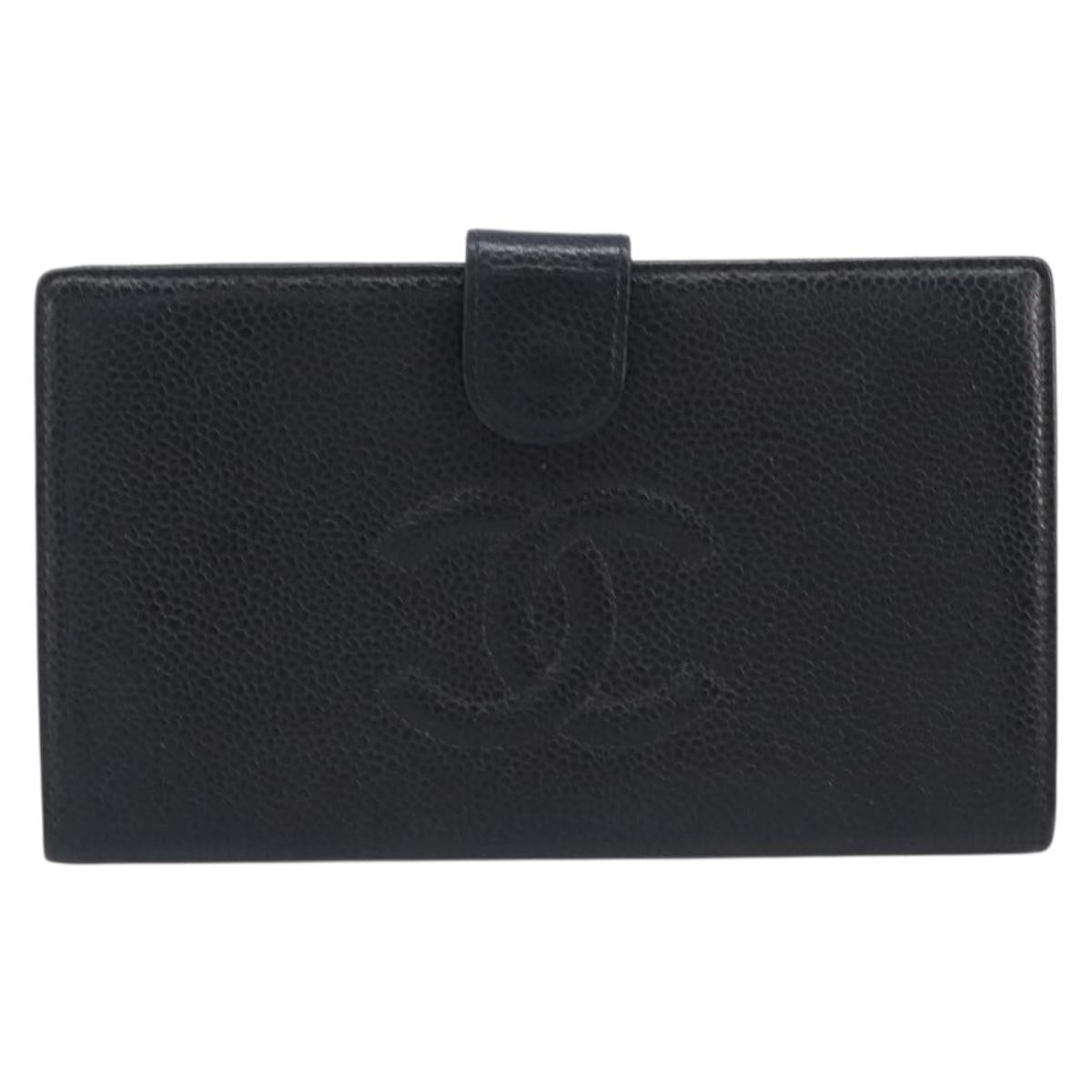 CHANEL Long Wallet Caviar Skin Black Gold CC Auth 206812
