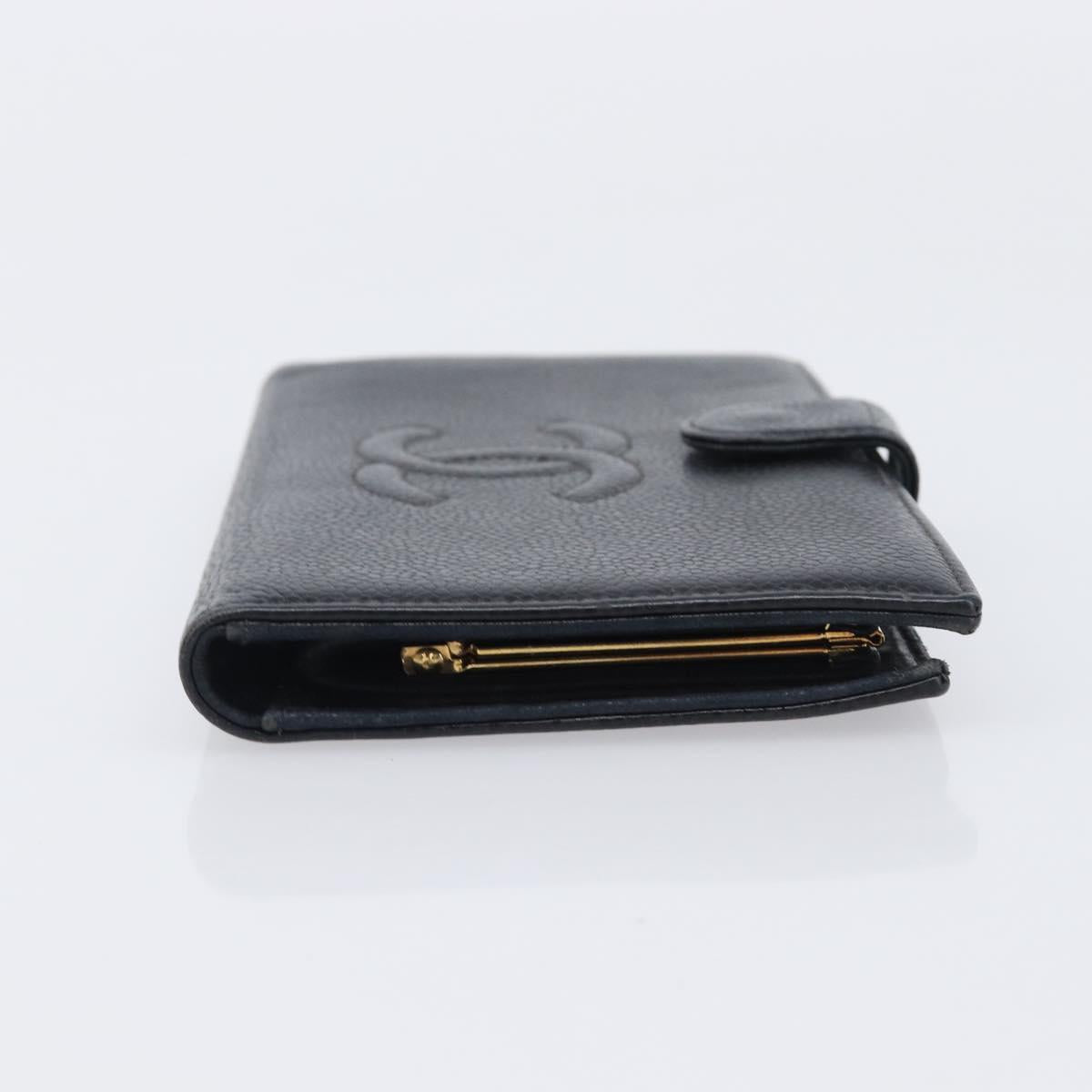 CHANEL Long Wallet Caviar Skin Black Gold CC Auth 206812