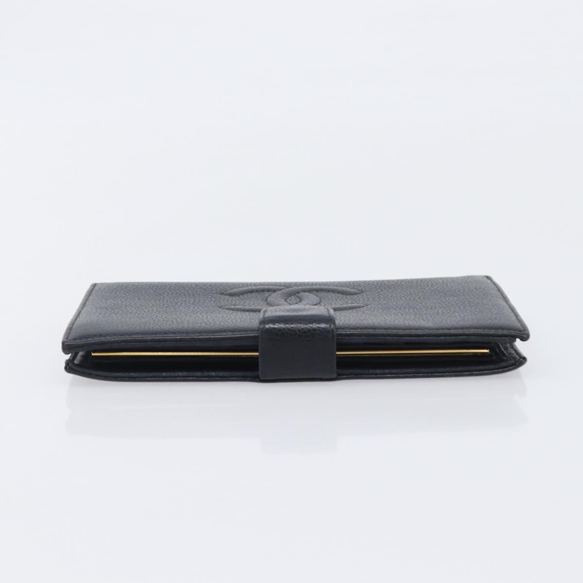 CHANEL Long Wallet Caviar Skin Black Gold CC Auth 206812