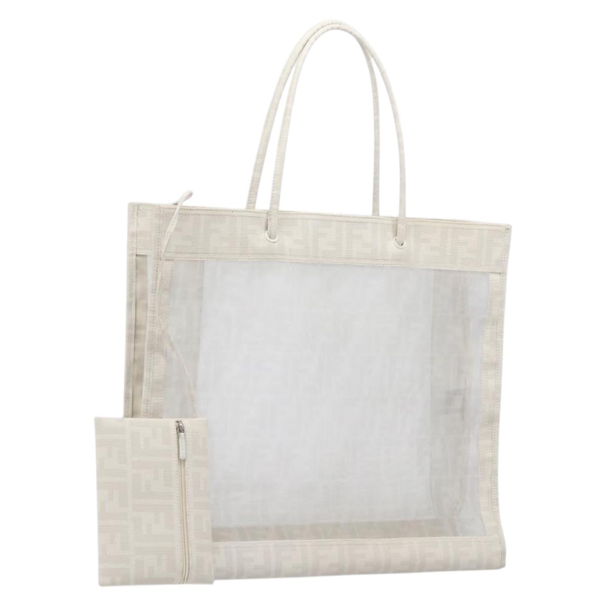 FENDI Zucca Canvas Tote Bag Leather Mesh White Auth 206836A