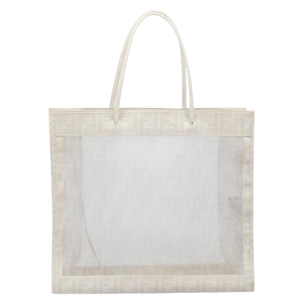 FENDI Zucca Canvas Tote Bag Leather Mesh White Auth 206836A