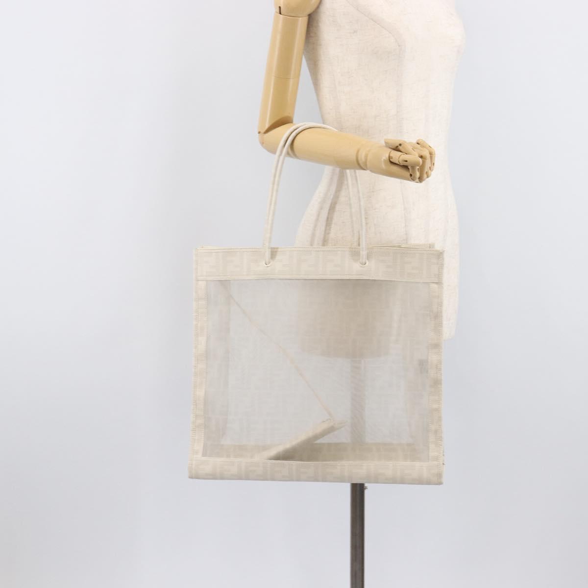 FENDI Zucca Canvas Tote Bag Leather Mesh White Auth 206836A