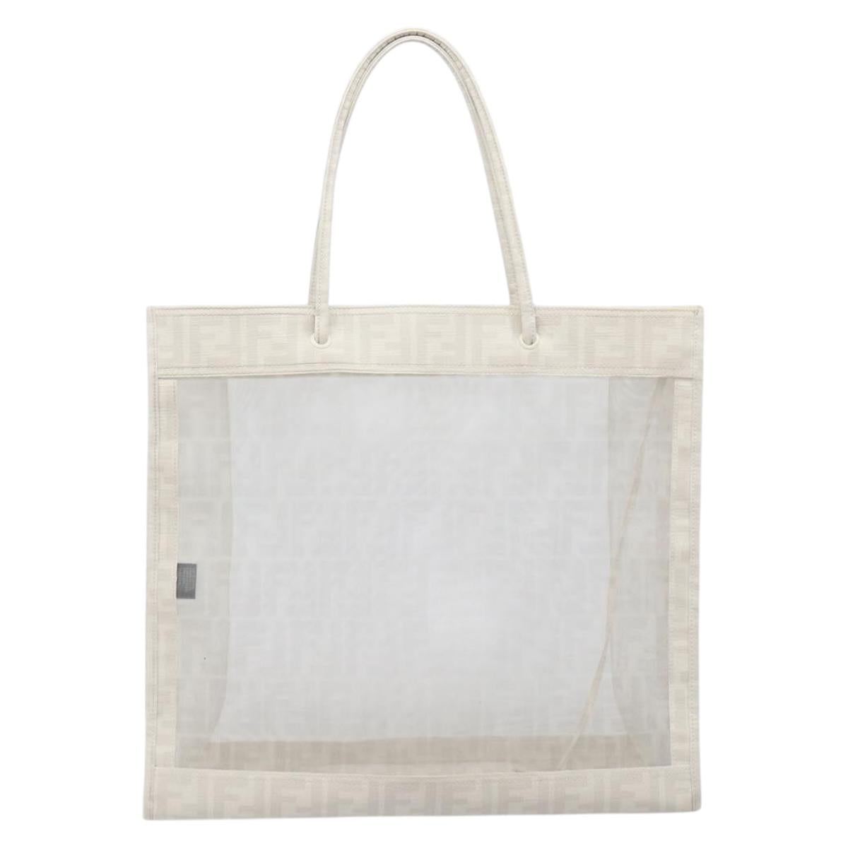 FENDI Zucca Canvas Tote Bag Leather Mesh White Auth 206836A