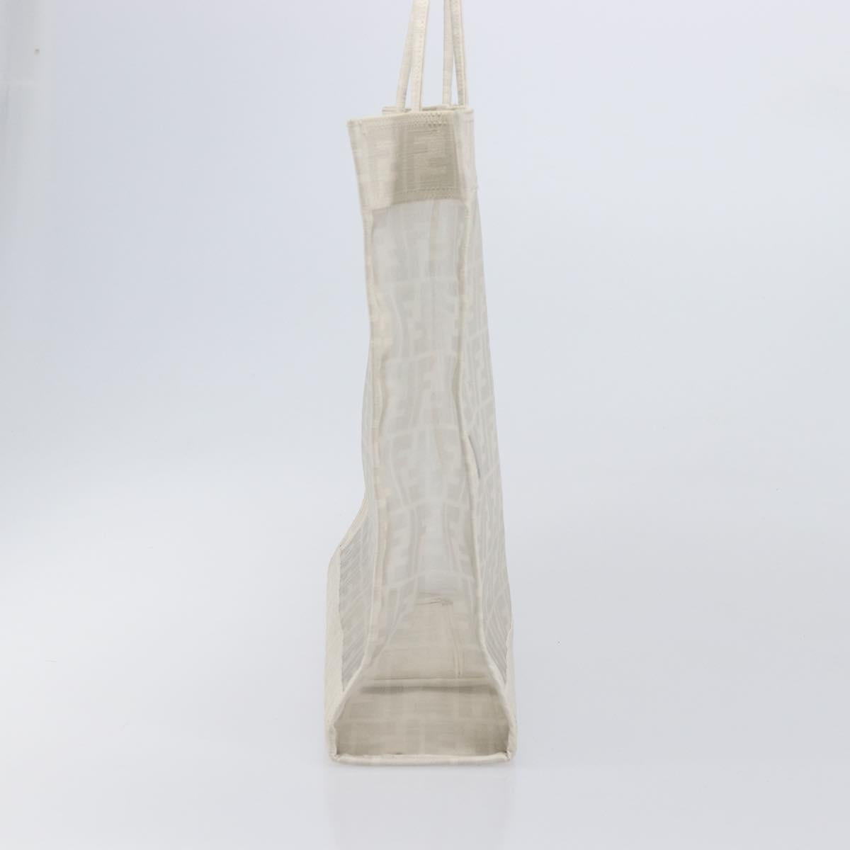 FENDI Zucca Canvas Tote Bag Leather Mesh White Auth 206836A