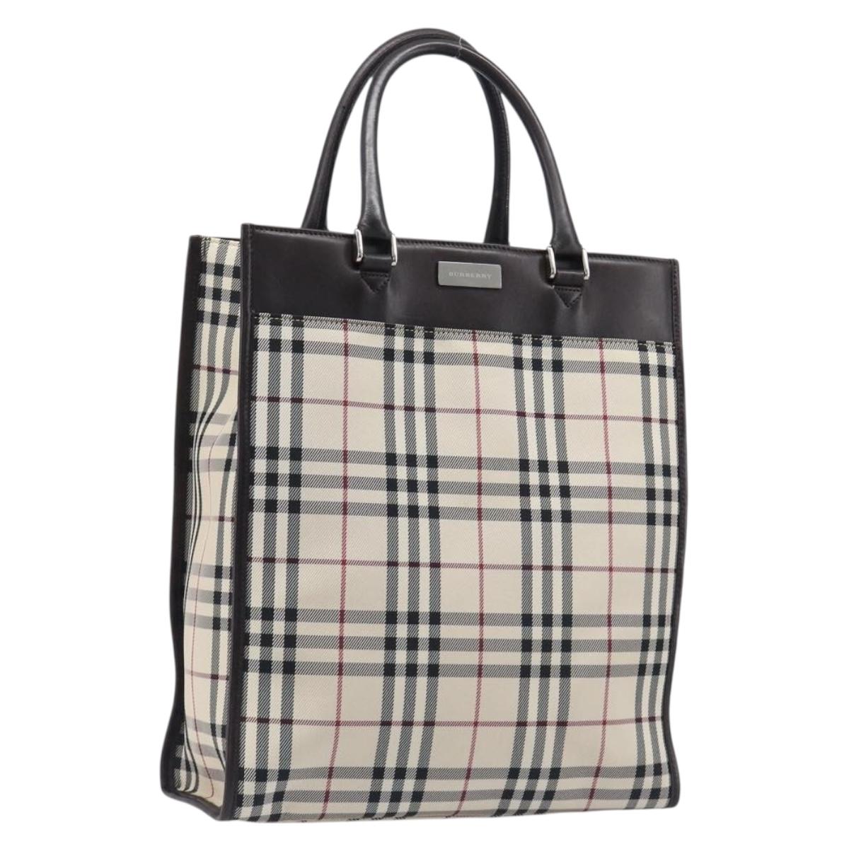 BURBERRY Nova Check Hand Bag Canvas Beige Silver Auth 206837A