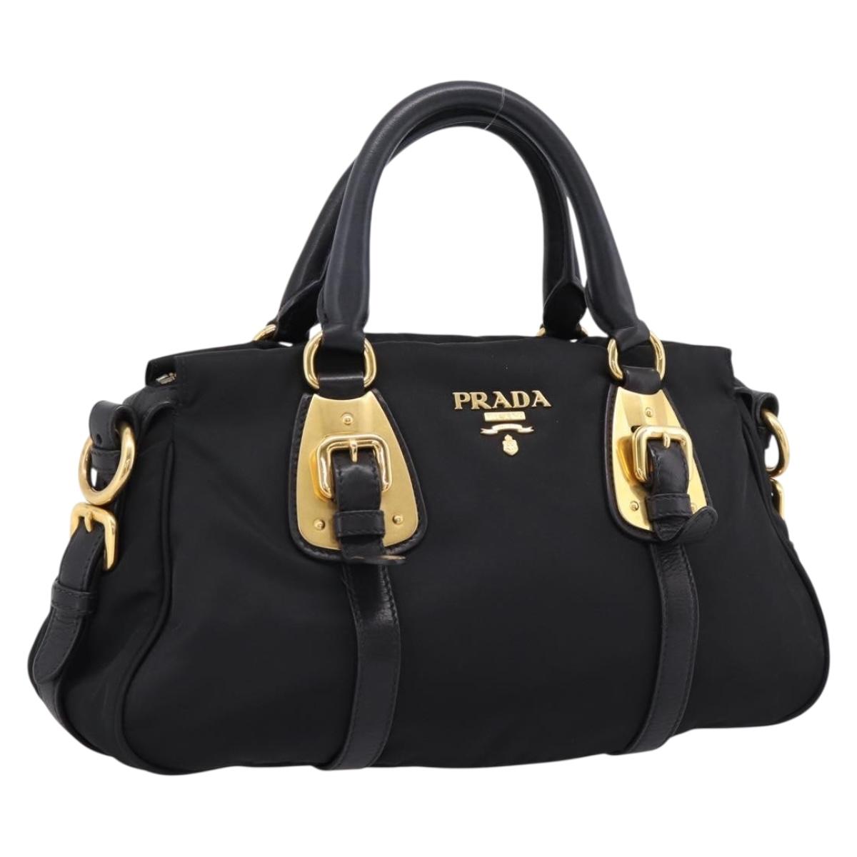 PRADA Hand Bag Nylon Black Gold Auth 206859A