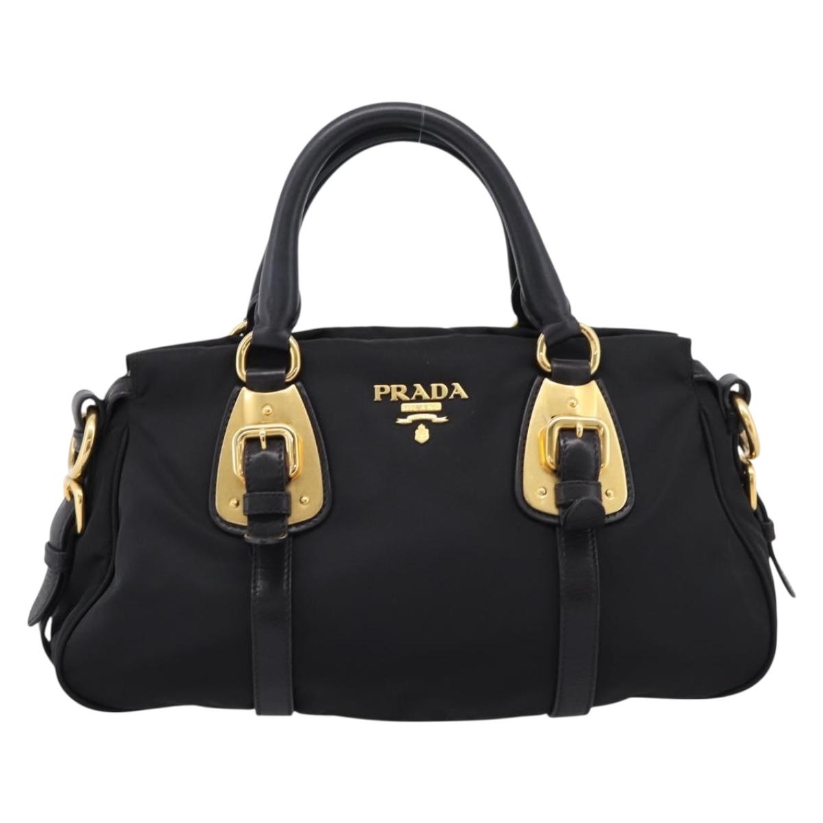 PRADA Hand Bag Nylon Black Gold Auth 206859A