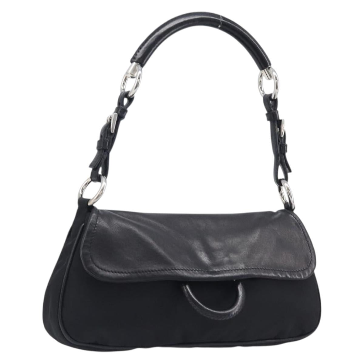 PRADA Shoulder Bag Leather Nylon Black Silver Auth 206861V
