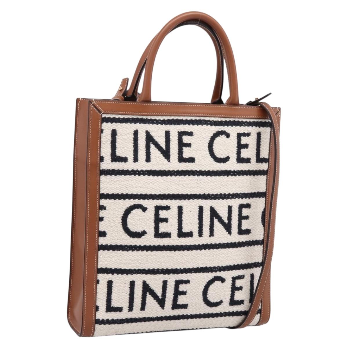 CELINE Small Vertical Cabas Hand Bag Canvas 2way Ivory Gold Auth 206883M