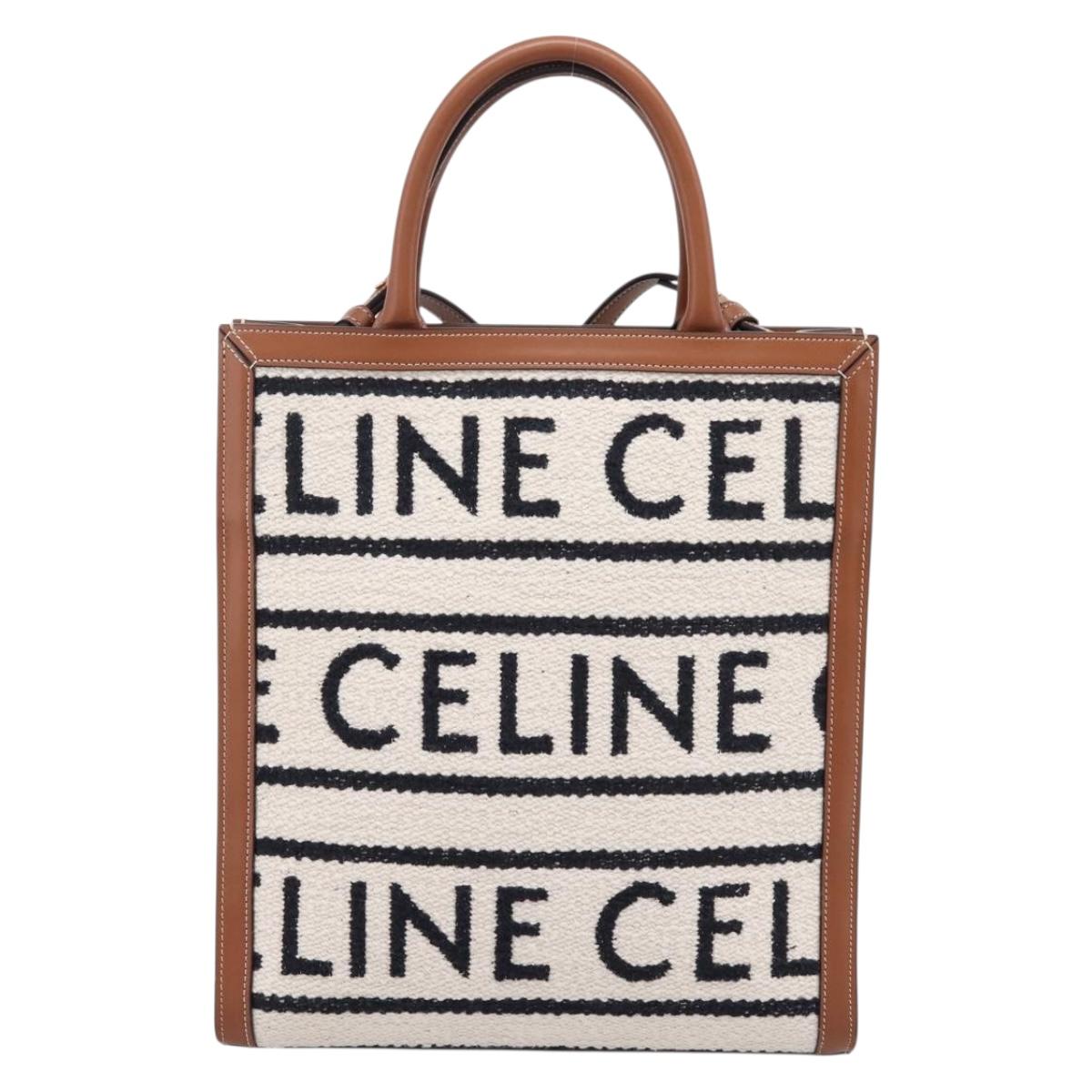CELINE Small Vertical Cabas Hand Bag Canvas 2way Ivory Gold Auth 206883M