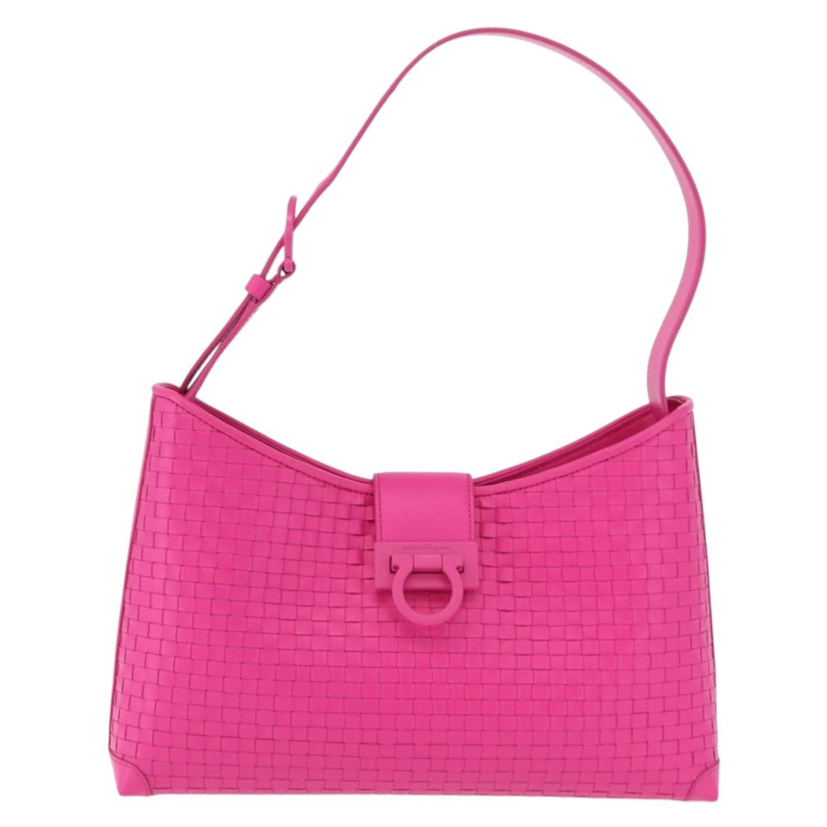 Salvatore Ferragamo Gancini Shoulder Bag Leather Pink Silver Auth 206885A