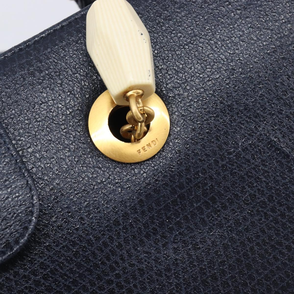FENDI Hand Bag Leather Navy Gold Auth 206886