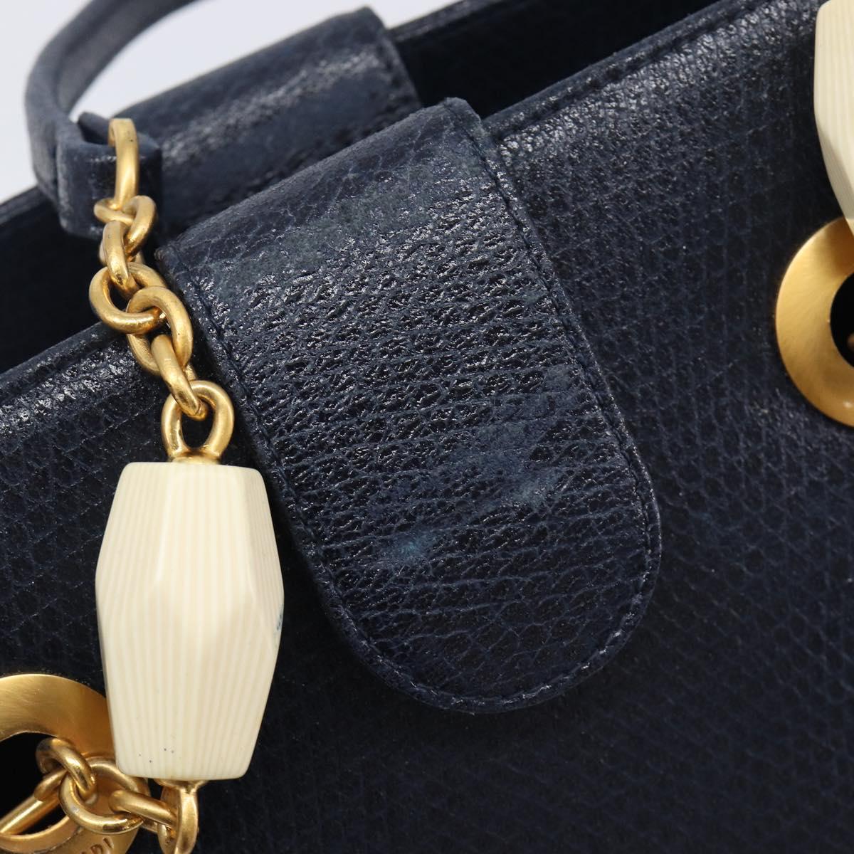 FENDI Hand Bag Leather Navy Gold Auth 206886
