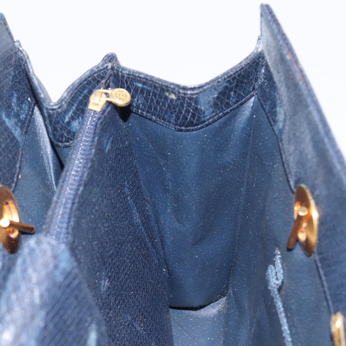 FENDI Hand Bag Leather Navy Gold Auth 206886