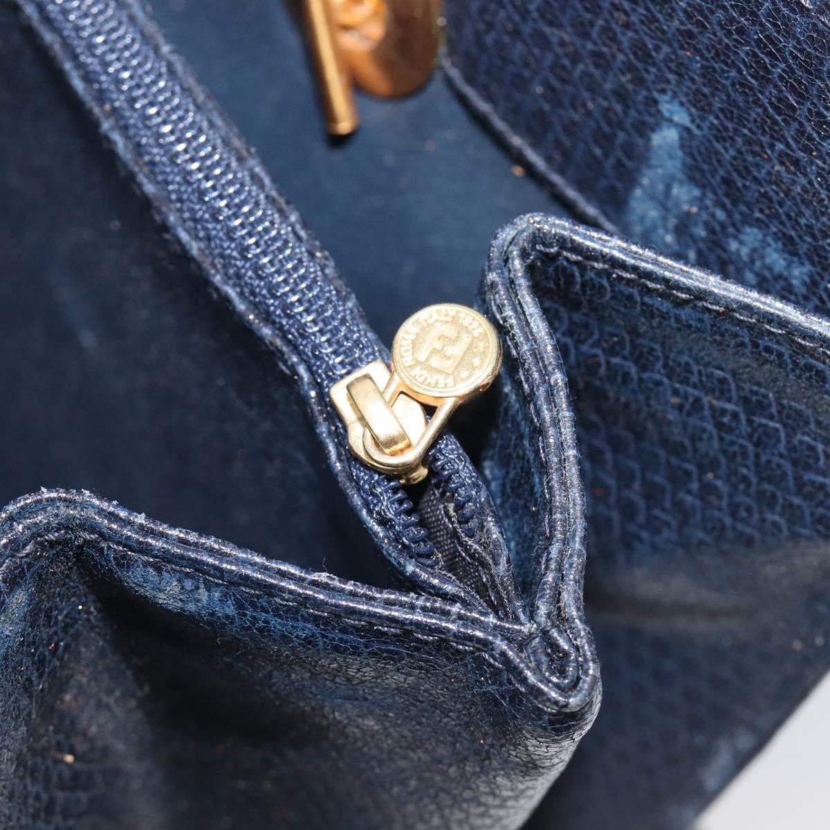 FENDI Hand Bag Leather Navy Gold Auth 206886