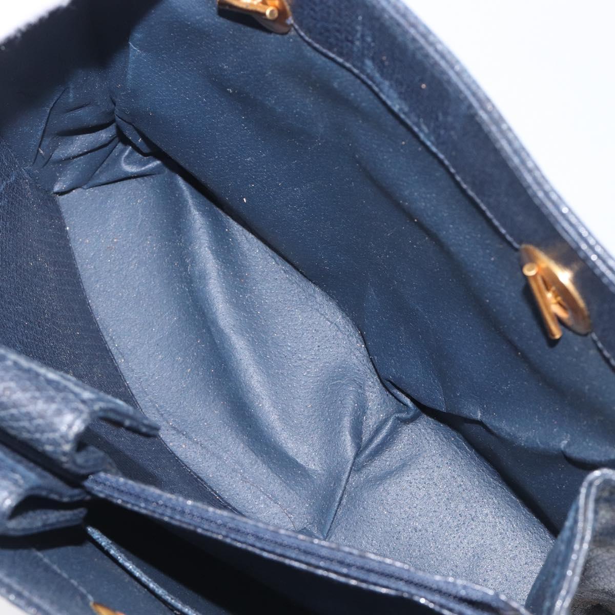 FENDI Hand Bag Leather Navy Gold Auth 206886