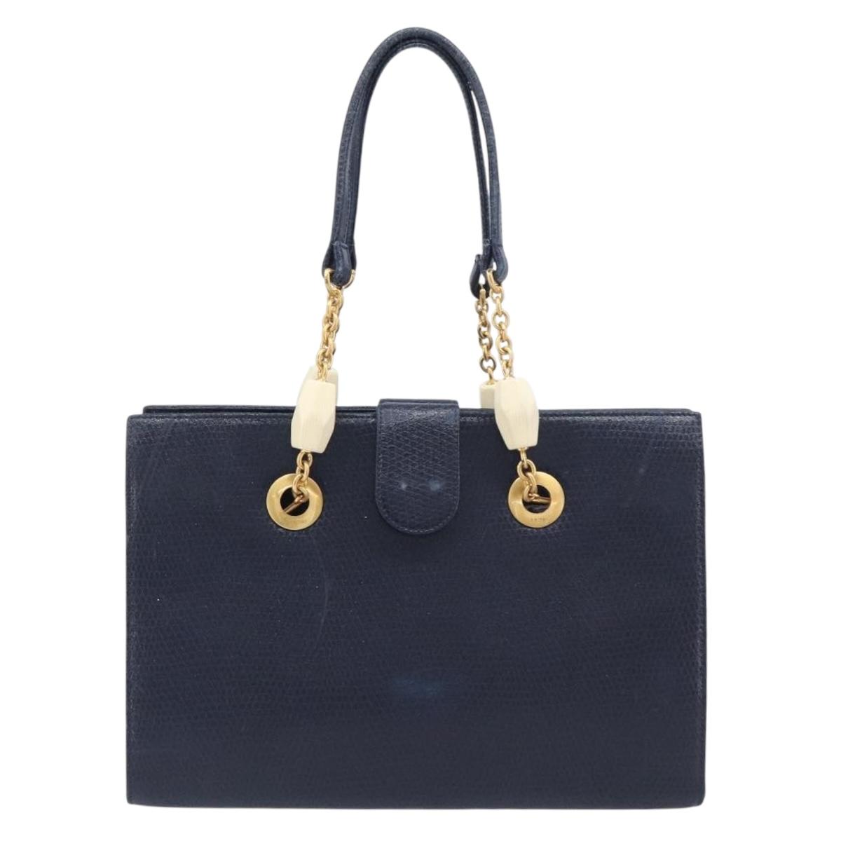 FENDI Hand Bag Leather Navy Gold Auth 206886