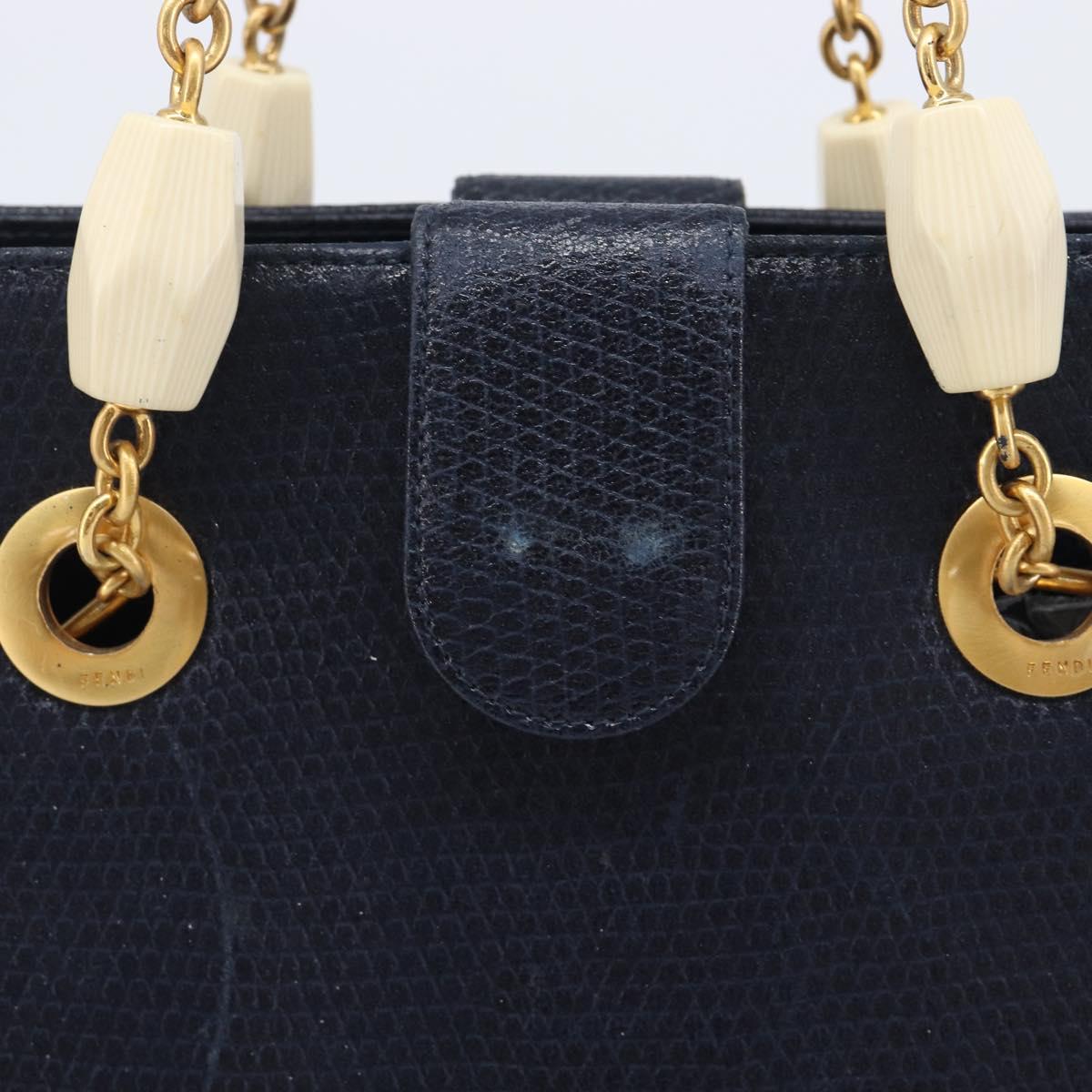 FENDI Hand Bag Leather Navy Gold Auth 206886