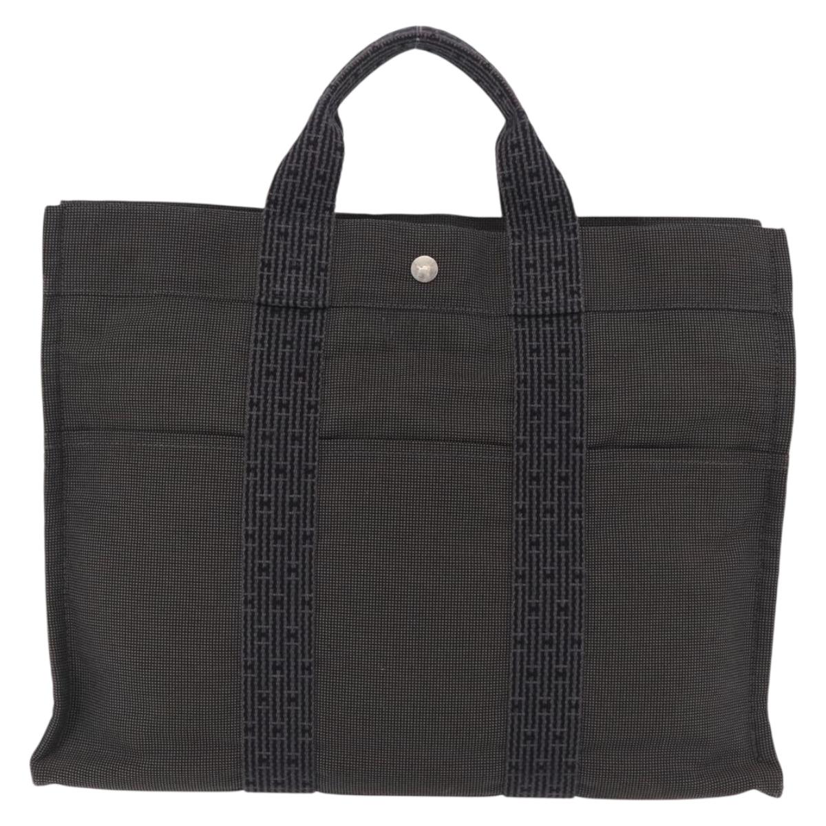 HERMES Her Line MM Hand Bag Canvas Gray Silver Auth 206892A