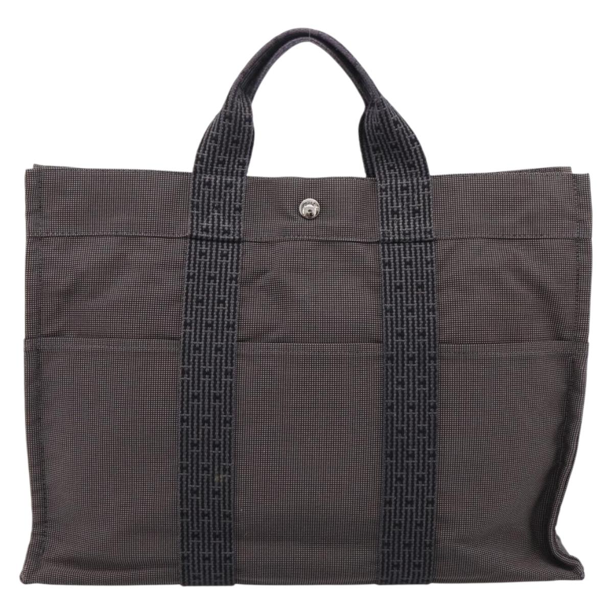 HERMES Her Line MM Hand Bag Canvas Gray Silver Auth 206893