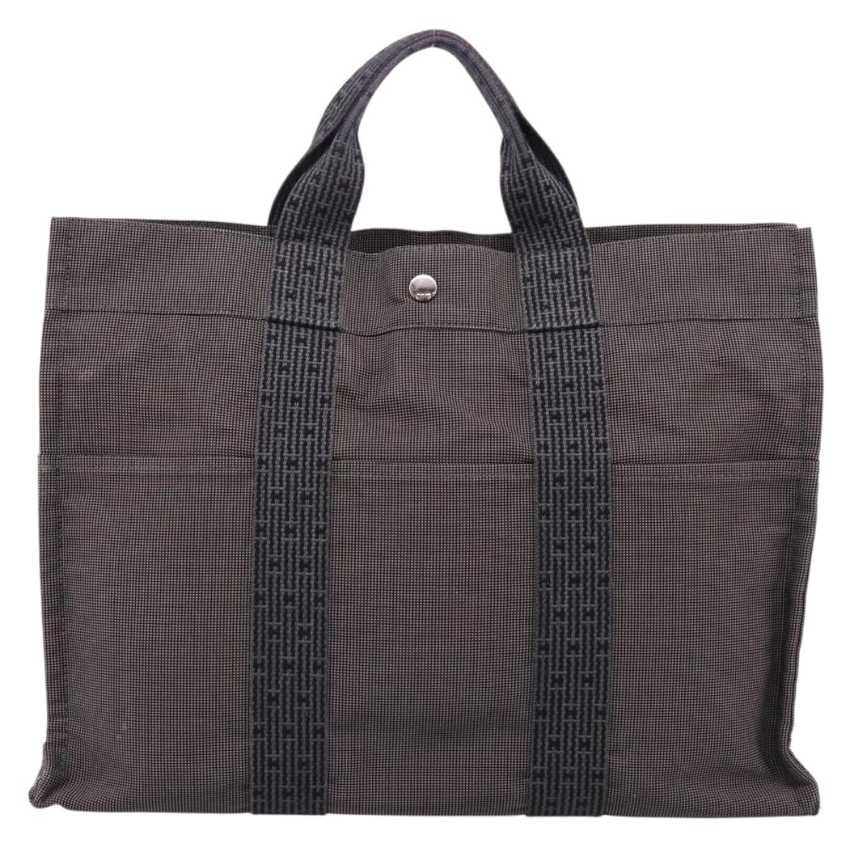 HERMES Her Line MM Hand Bag Canvas Gray Silver Auth 206893