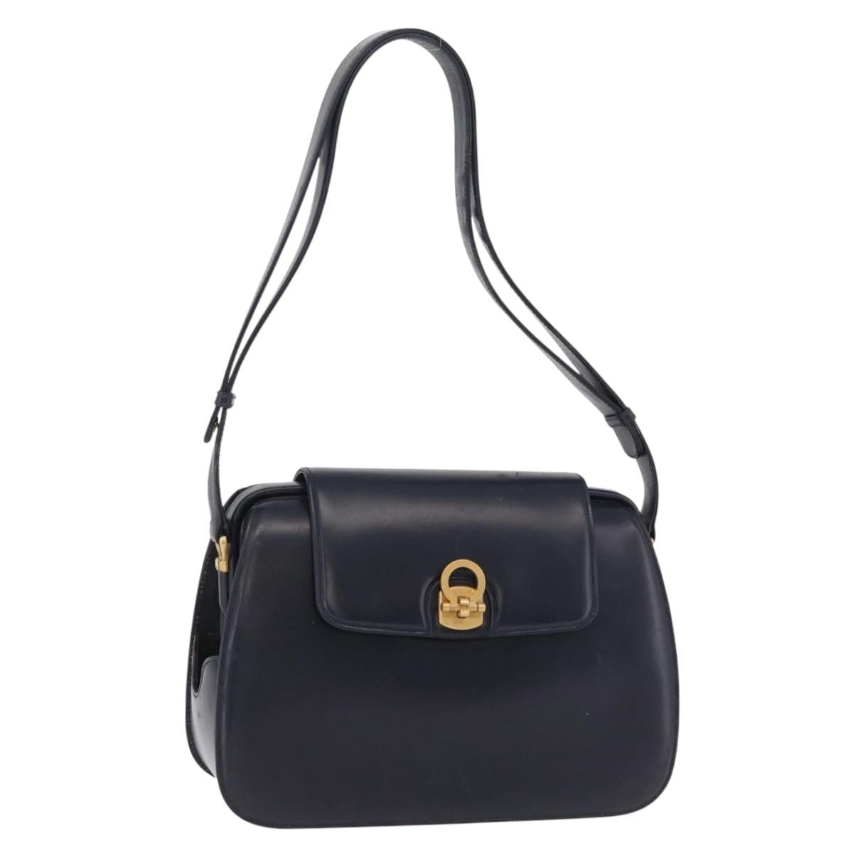 GUCCI Shoulder Bag Leather Navy Gold Auth 206895