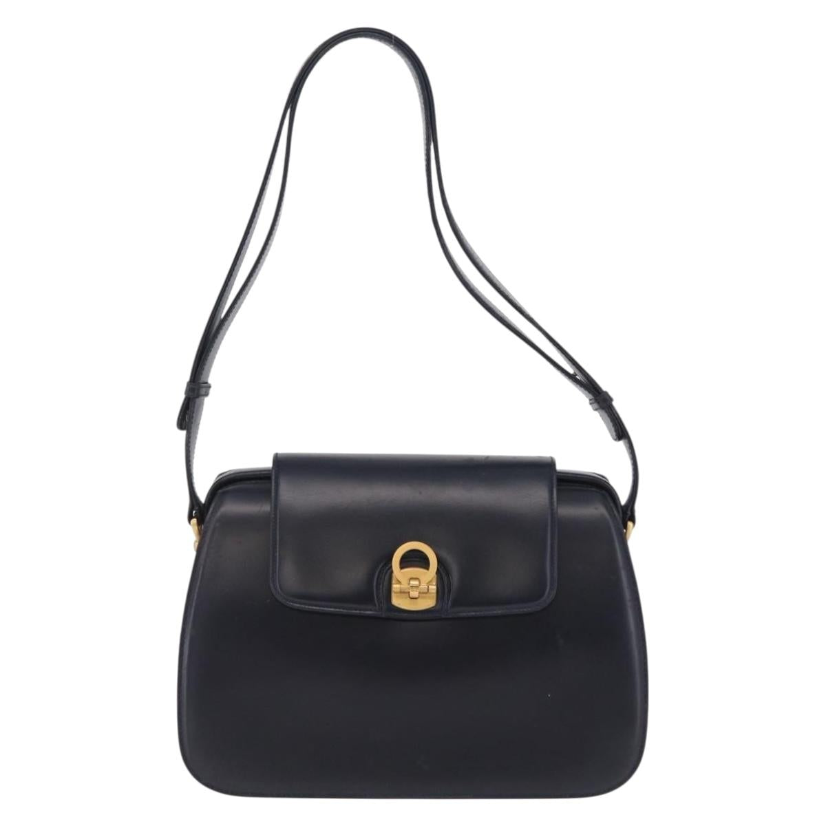 GUCCI Shoulder Bag Leather Navy Gold Auth 206895