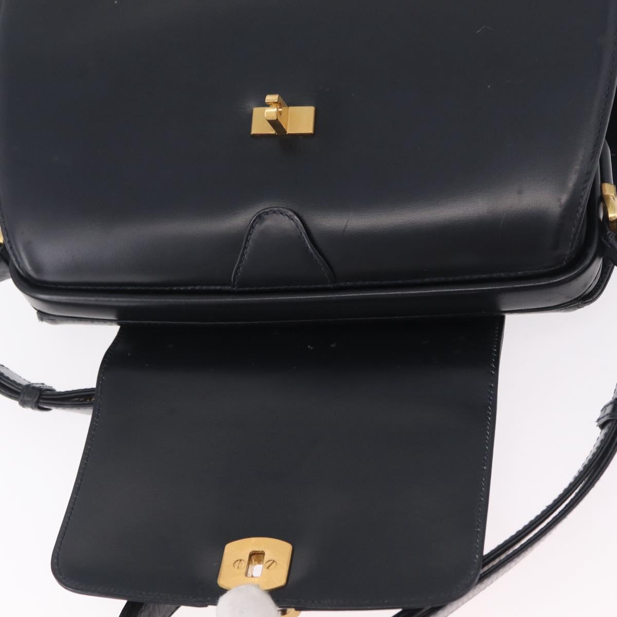 GUCCI Shoulder Bag Leather Navy Gold Auth 206895