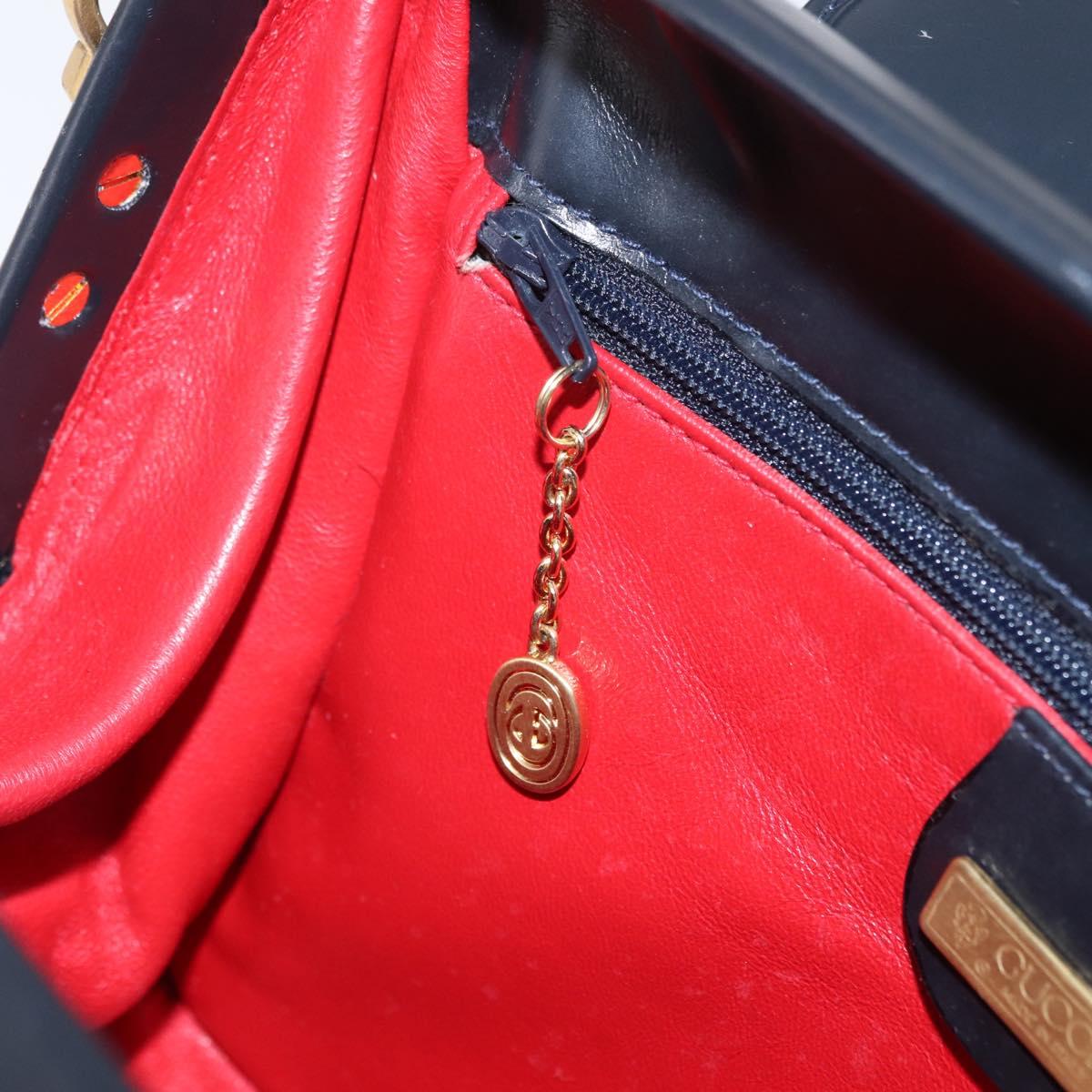 GUCCI Shoulder Bag Leather Navy Gold Auth 206895