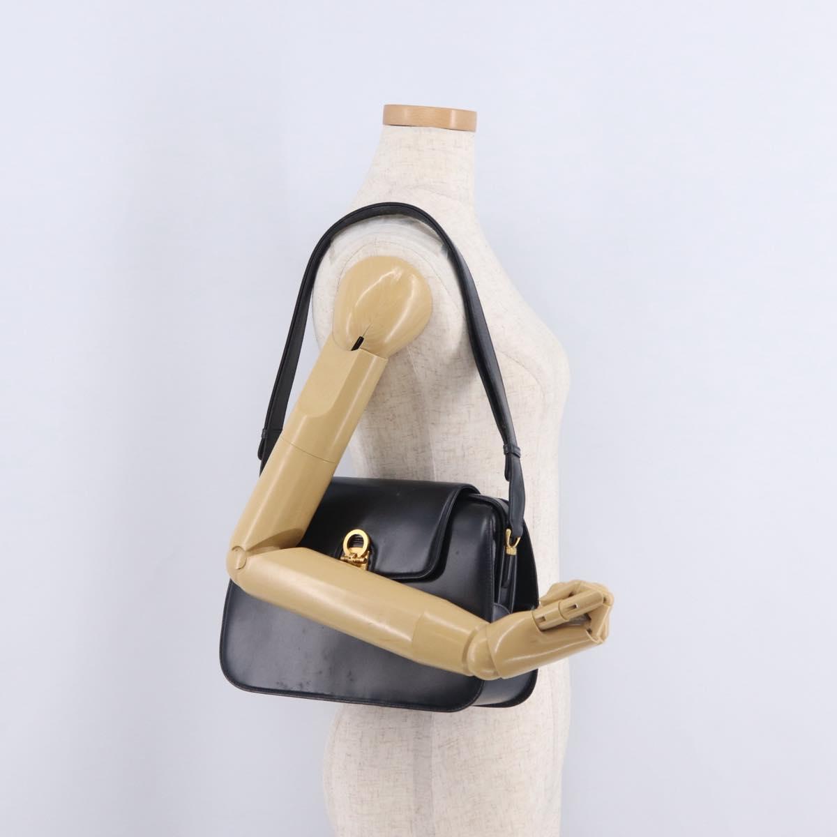 GUCCI Shoulder Bag Leather Navy Gold Auth 206895