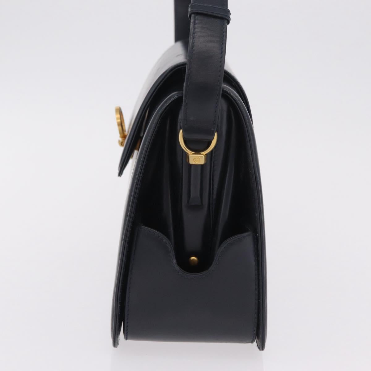 GUCCI Shoulder Bag Leather Navy Gold Auth 206895