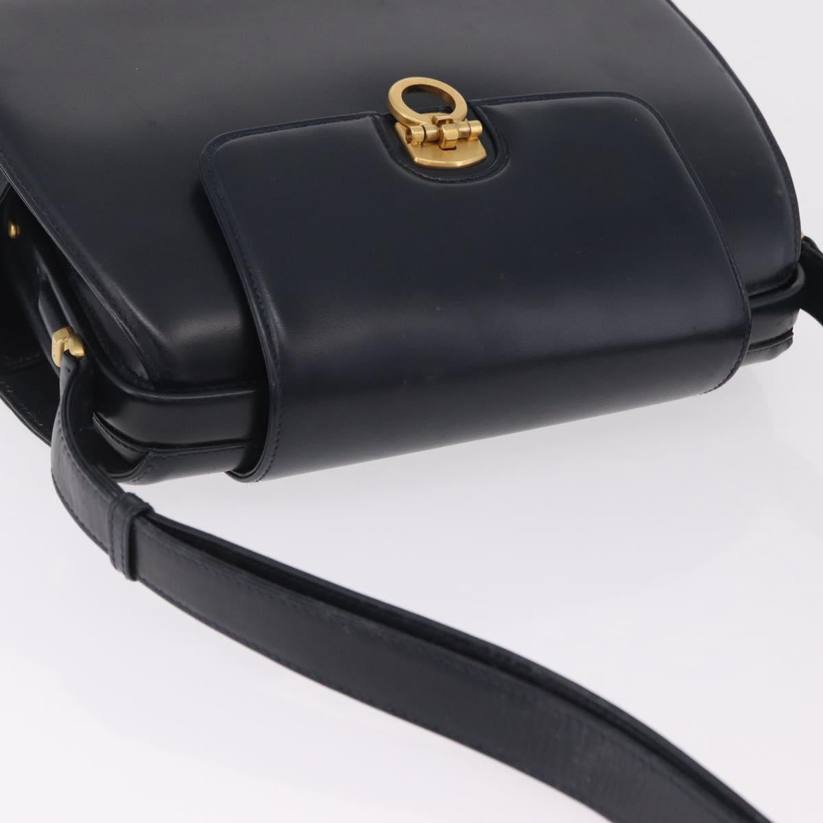 GUCCI Shoulder Bag Leather Navy Gold Auth 206895