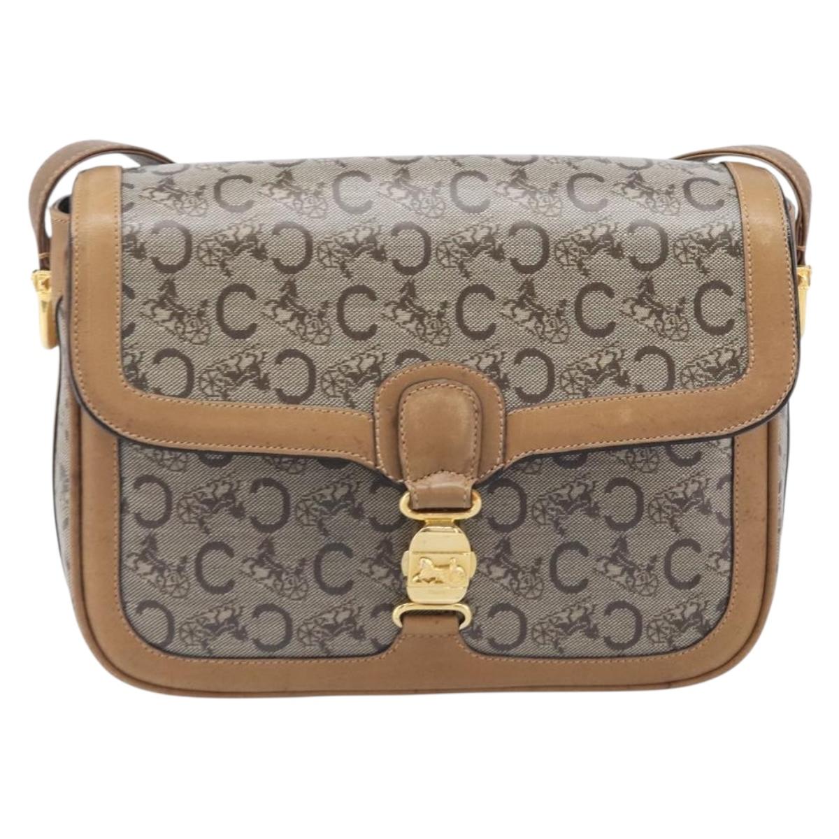 CELINE C Sulky Horse Carriage Shoulder Bag Coated Canvas Beige Gold Auth 206924