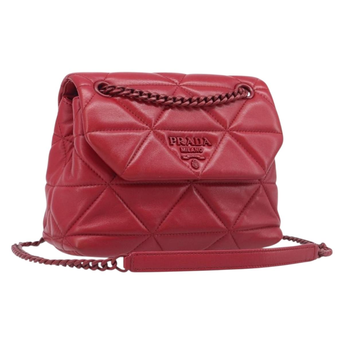 PRADA Chain Shoulder Bag Leather Red Silver Auth 206931V