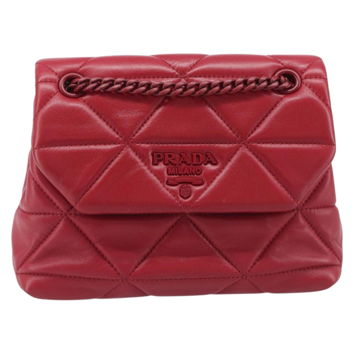 PRADA Chain Shoulder Bag Leather Red Silver Auth 206931V