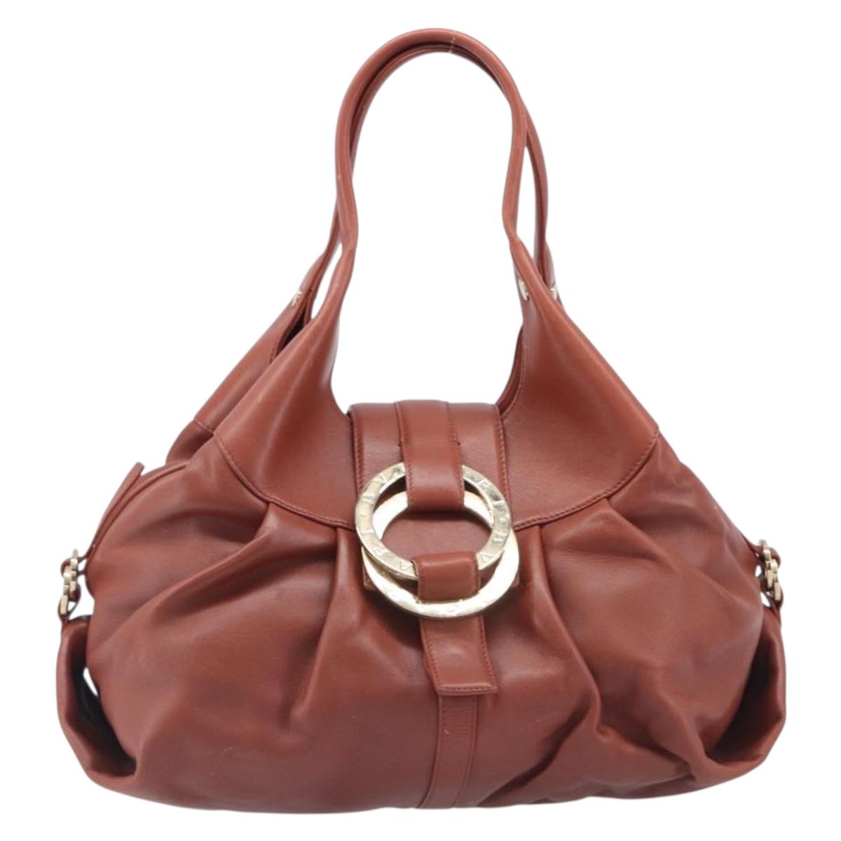 BVLGARI Chandra Hand Bag Leather Brown Gold Auth 206932