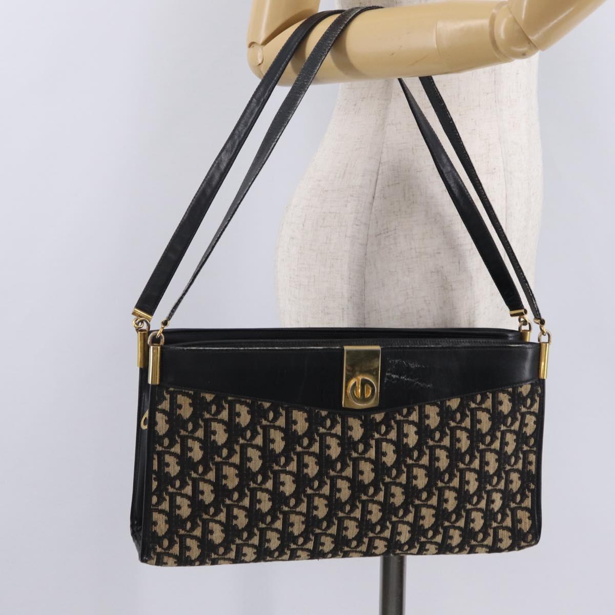 Christian Dior Trotter Canvas Shoulder Bag Navy Gold Auth 207020