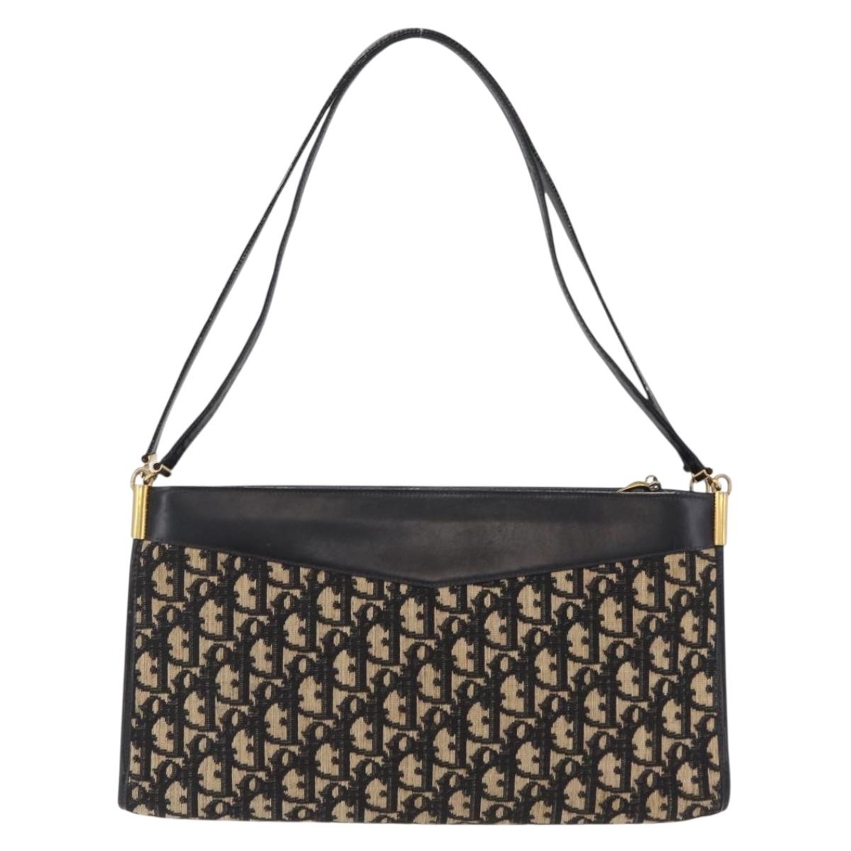 Christian Dior Trotter Canvas Shoulder Bag Navy Gold Auth 207020