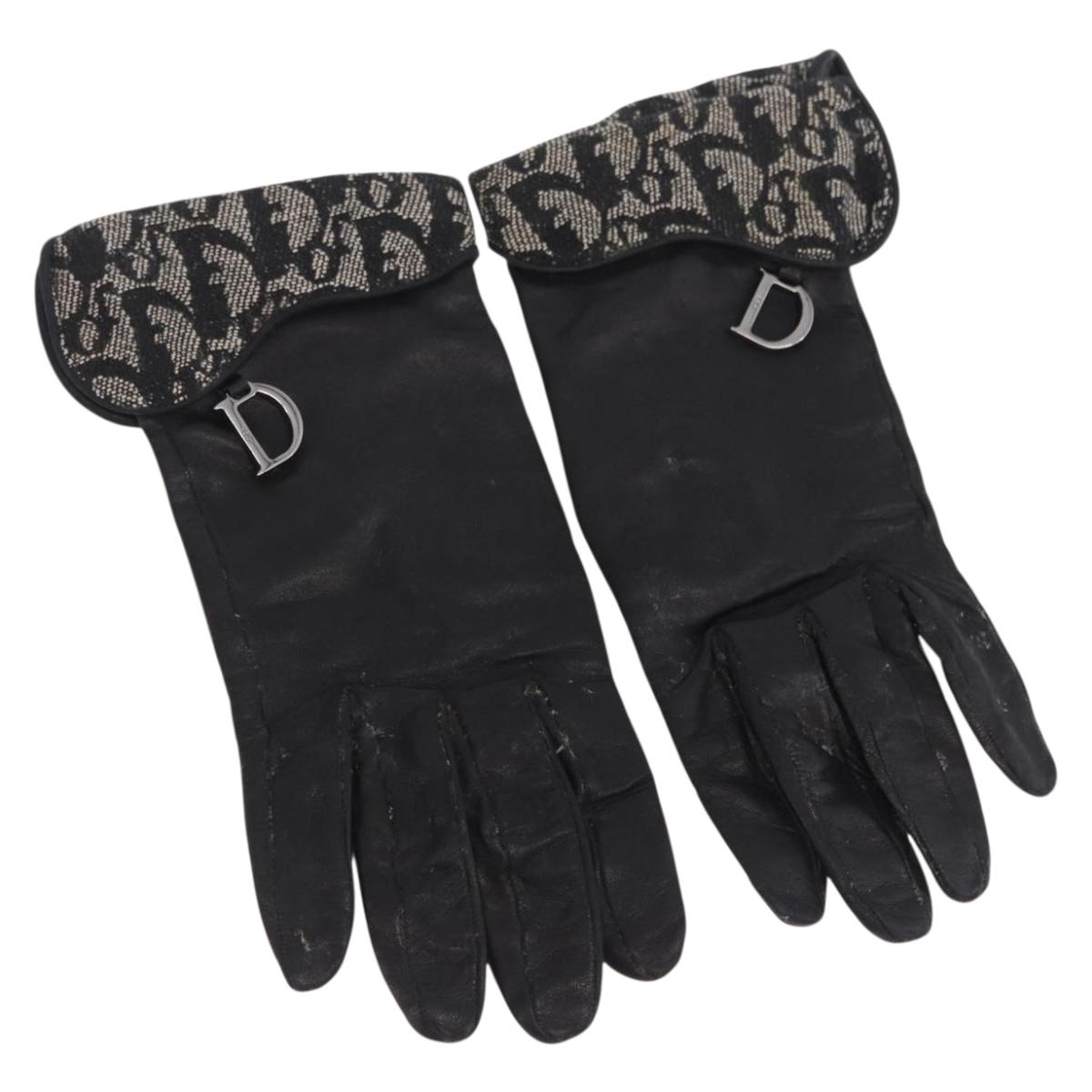 Christian Dior Trotter Canvas Gloves Leather Black Auth 207028