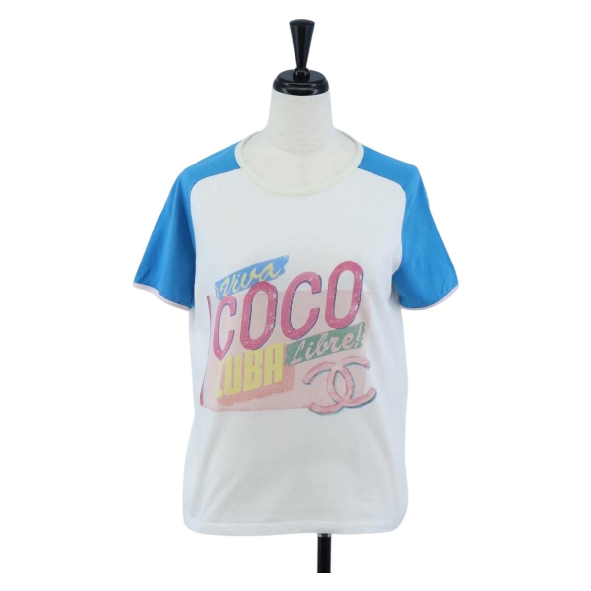 CHANEL Short-sleeved T-shirt Cotton XS Blue CC Auth 207041V