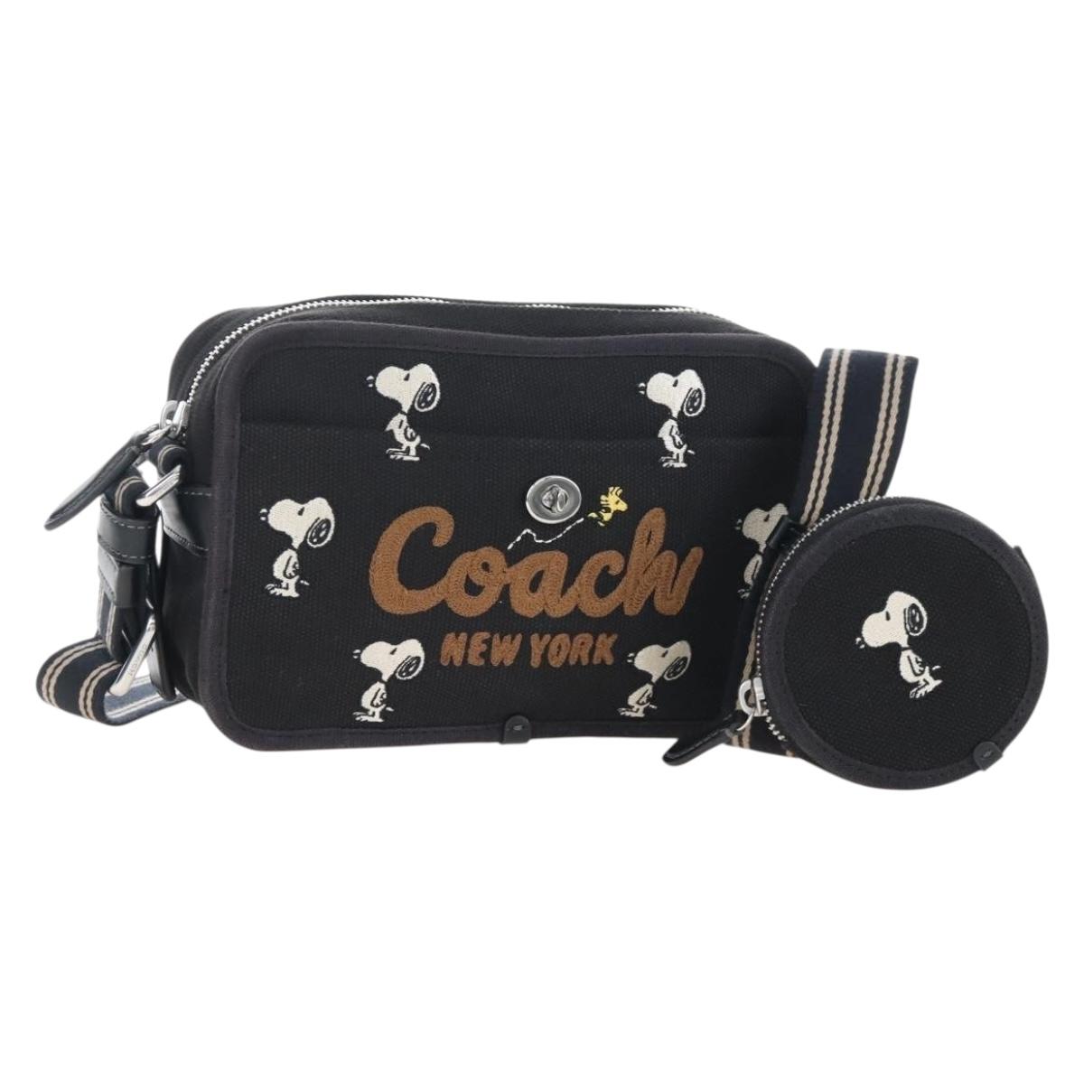 Coach Snoopy Shoulder Bag Canvas Black Silver Auth 207042A