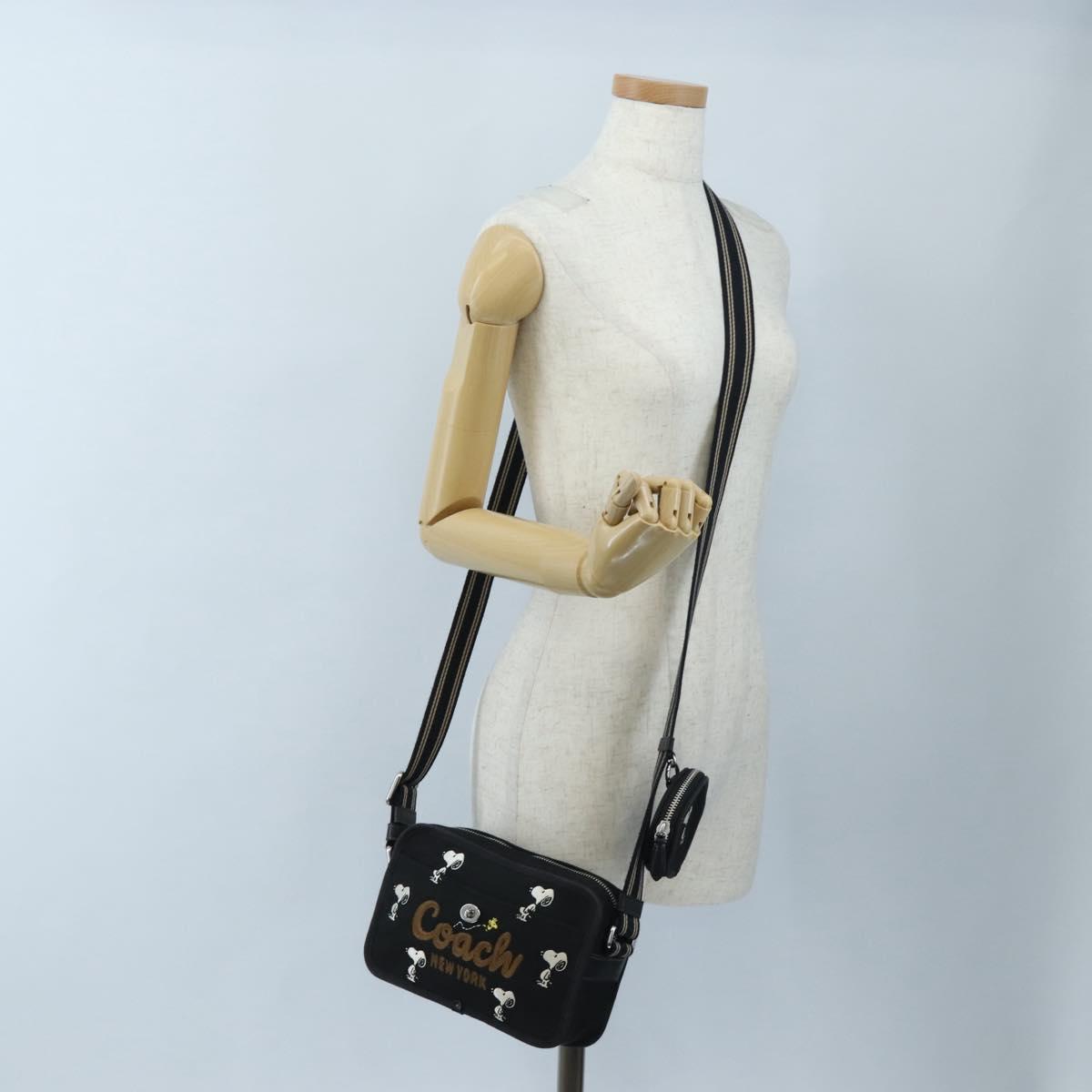 Coach Snoopy Shoulder Bag Canvas Black Silver Auth 207042A