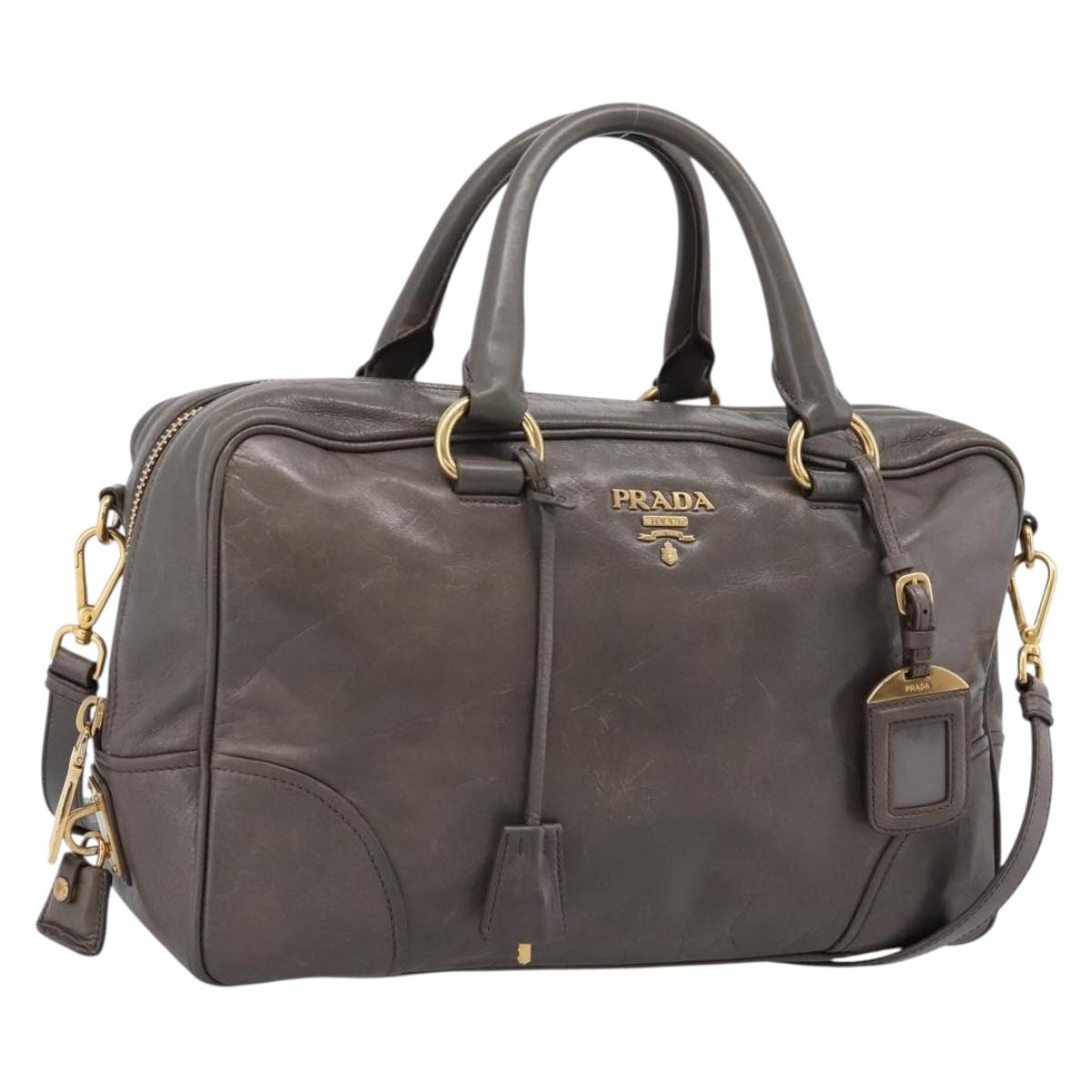 PRADA Hand Bag Leather 2way Gray Gold Auth 207067A