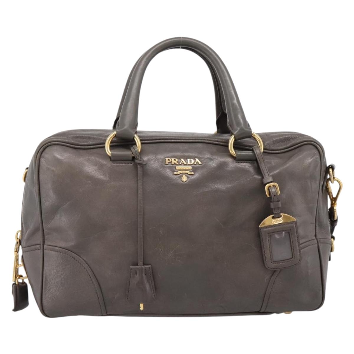 PRADA Hand Bag Leather 2way Gray Gold Auth 207067A