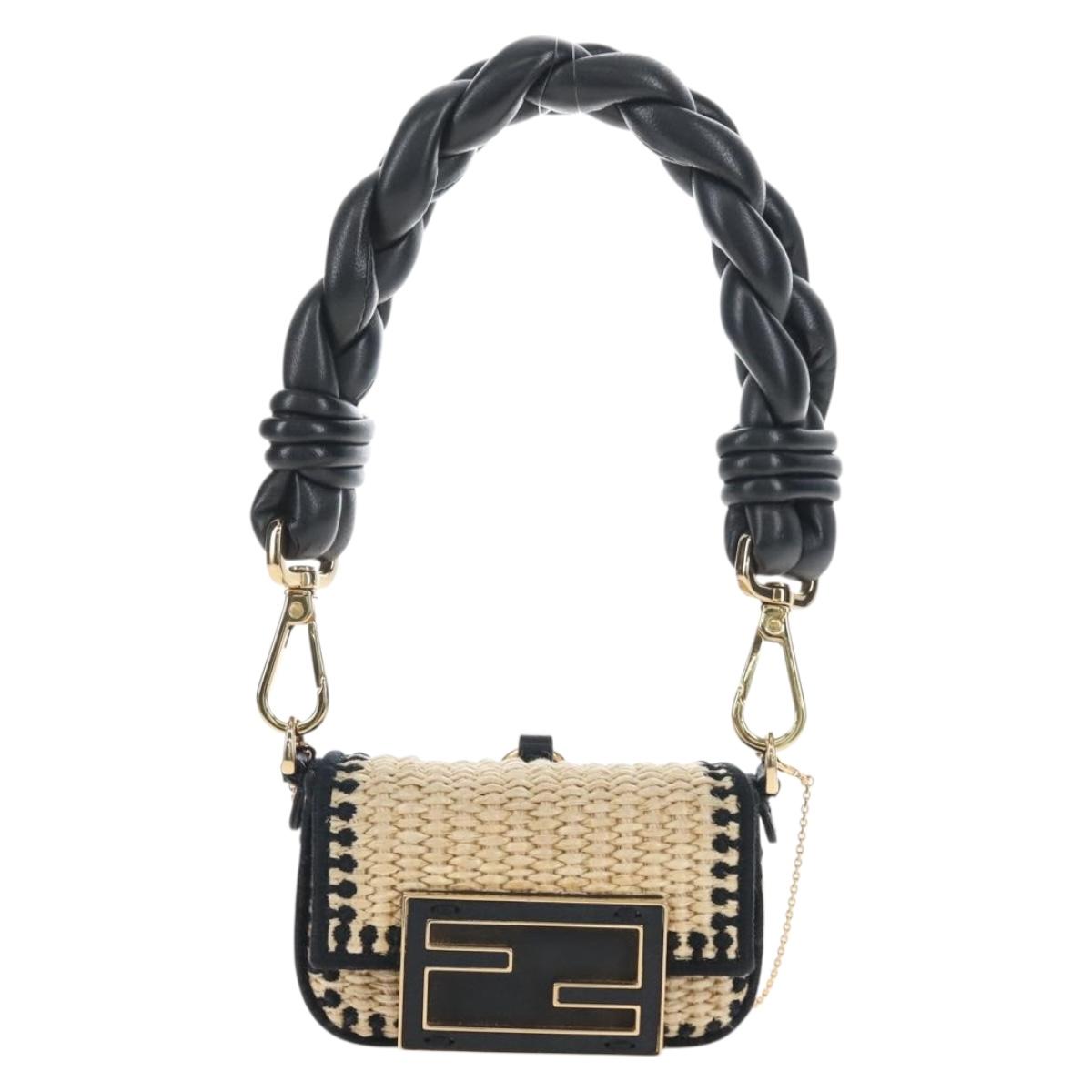FENDI Nano Bucket Charm Hand Pouch Charm Raffia 2way Beige Gold Auth 207075M