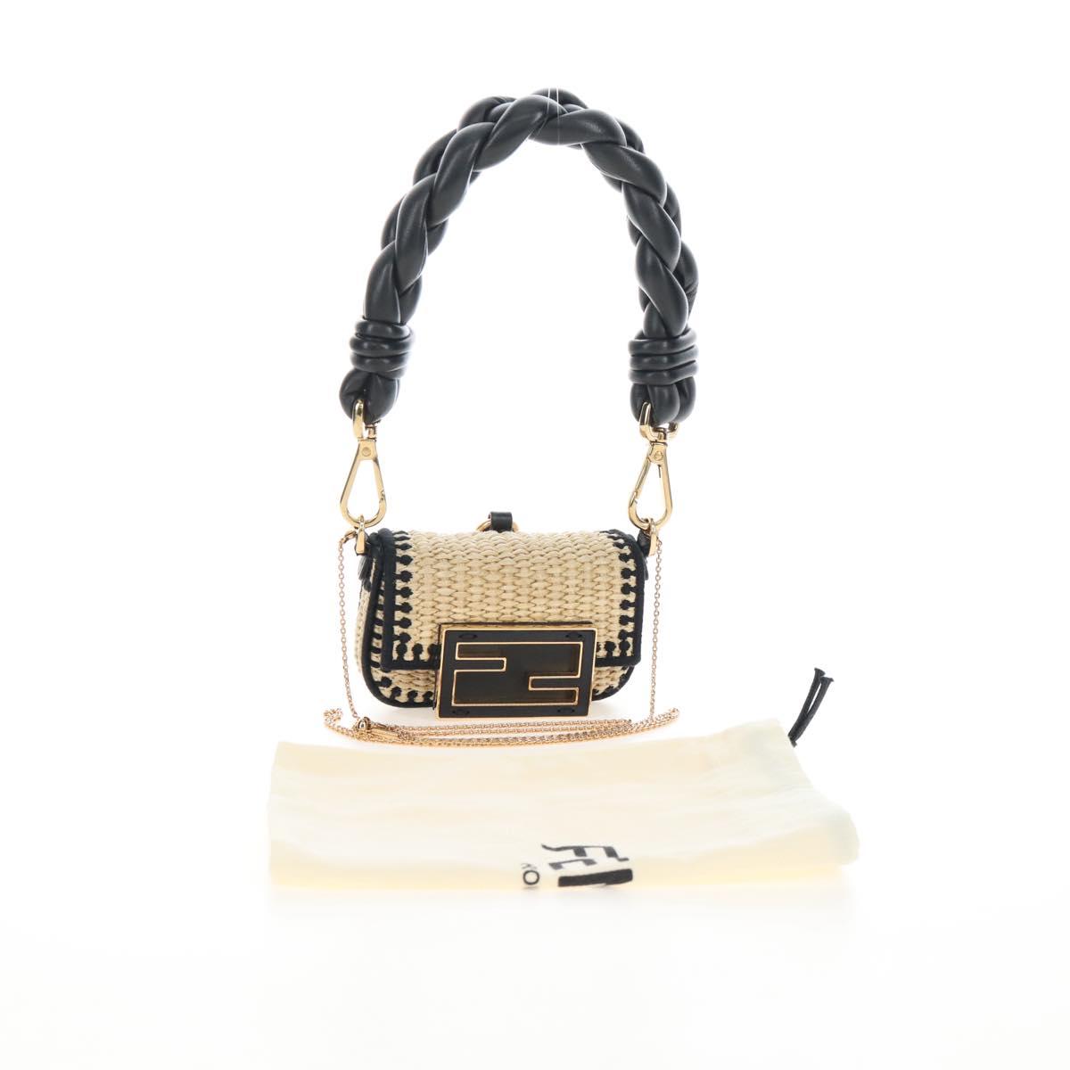 FENDI Nano Bucket Charm Hand Pouch Charm Raffia 2way Beige Gold Auth 207075M