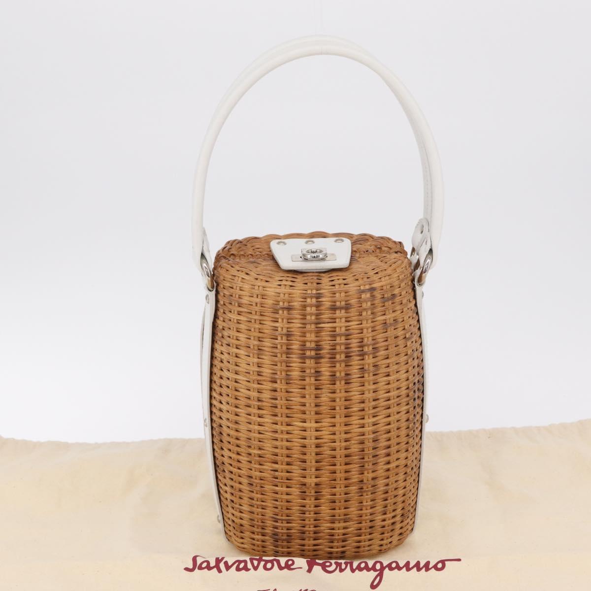 Salvatore Ferragamo Gancini Hand Bag Rattan Beige Silver Auth 207076M