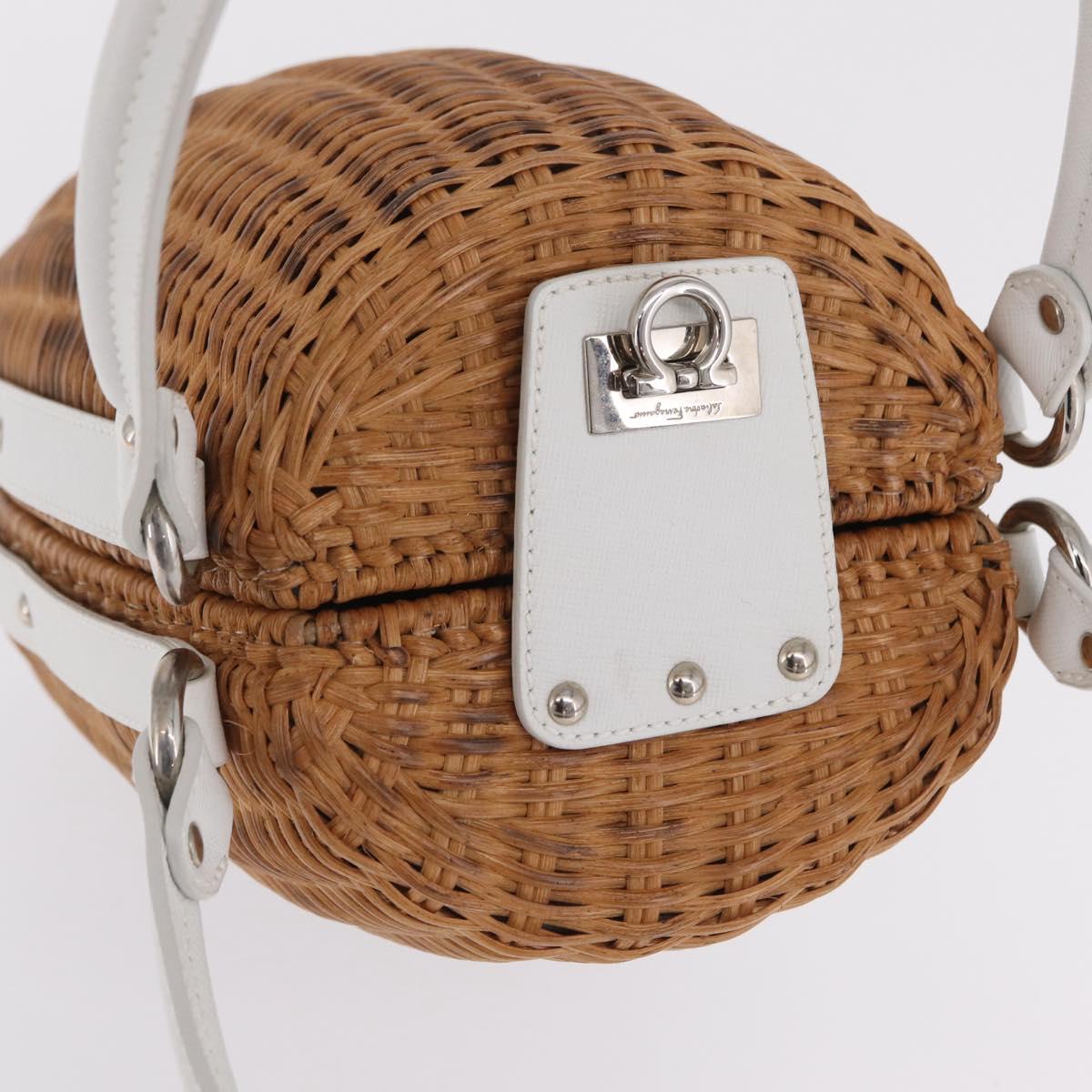 Salvatore Ferragamo Gancini Hand Bag Rattan Beige Silver Auth 207076M